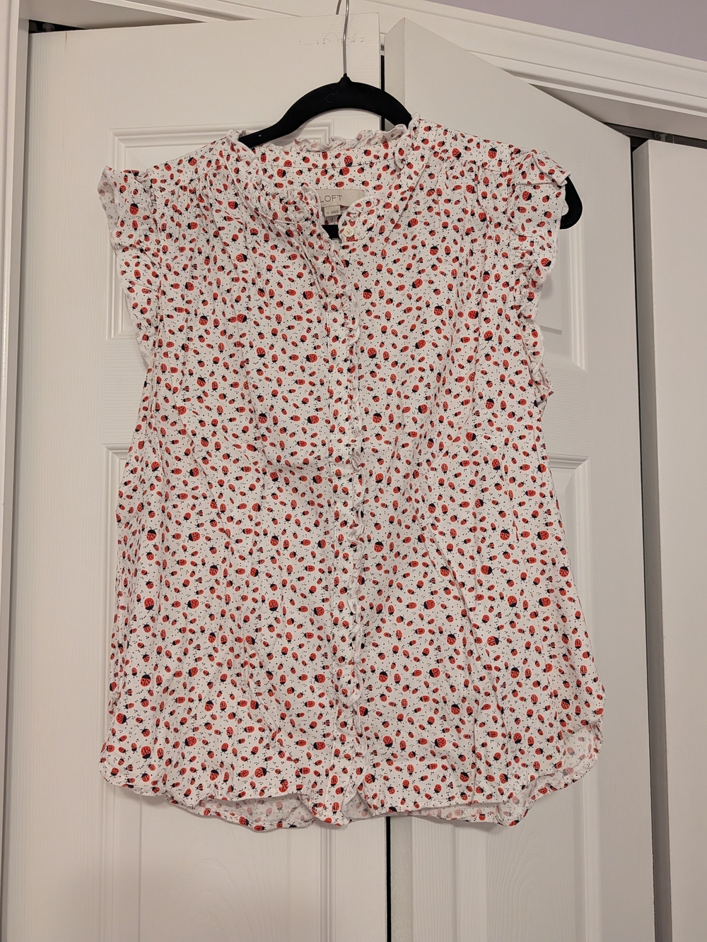 LOFT White Cap-Sleeve Blouse with Red Floral Dots